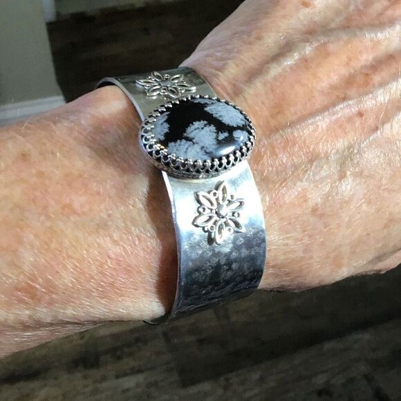 Bracelet, Snowflake Obsidian and Sterling Silver Cuff Bracelet, NEW, Handmade, A - Picture 7 of 8